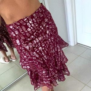 veronica beard silk midi skirt sz 2/xs burgundy & silver